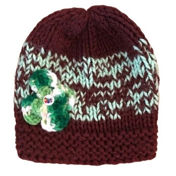 Handmade flower brown green knitted beanie hat 8x8" new without tags see photos - Picture 1 of 5